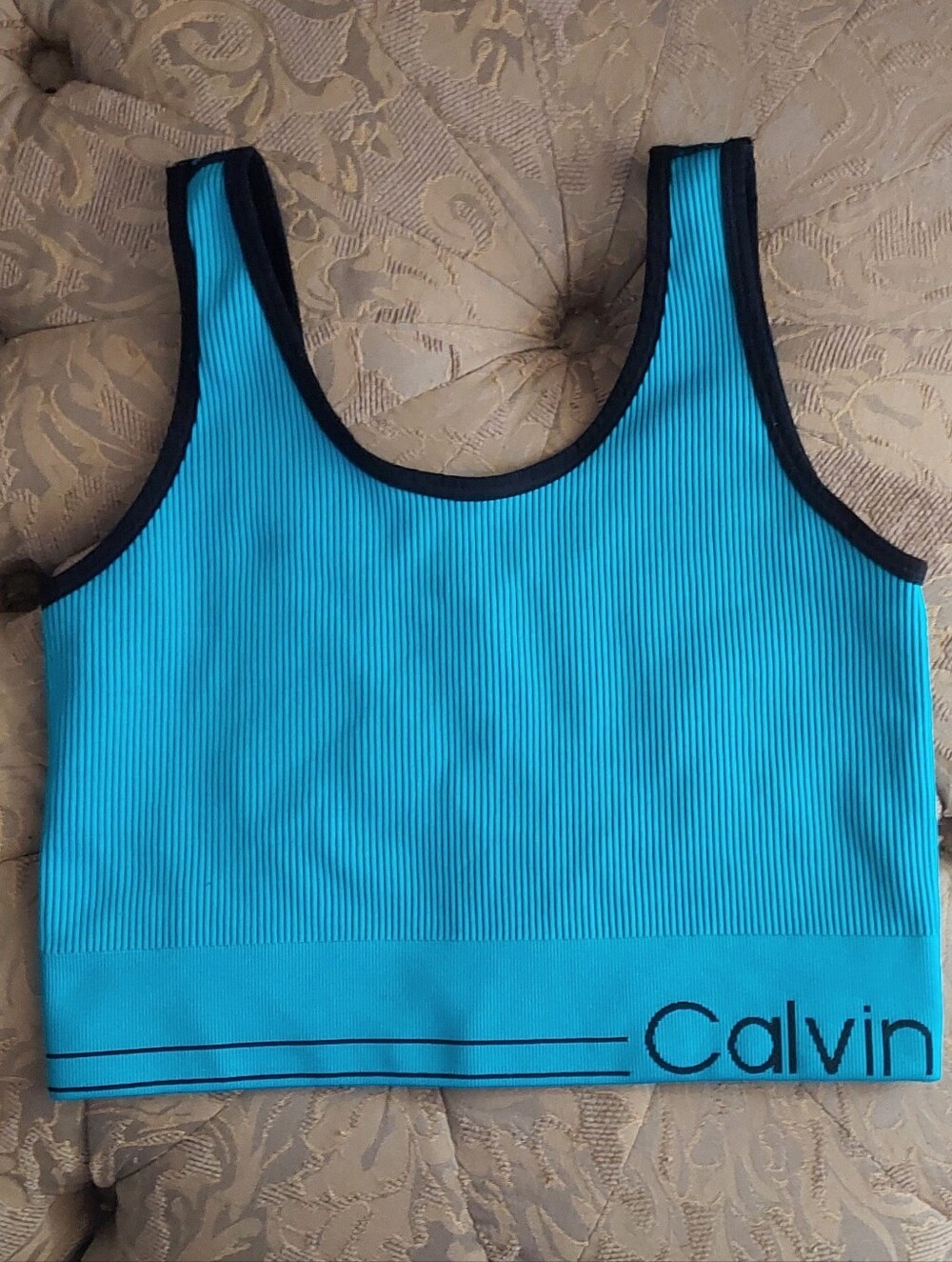 Calvin Klein Performance Ribbed Sports Bra Tank Top- Tealish Blue- SIze Medium